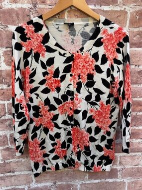 Talbots size L harlequin Floral charming Cardigan Sweater pink/Black/White